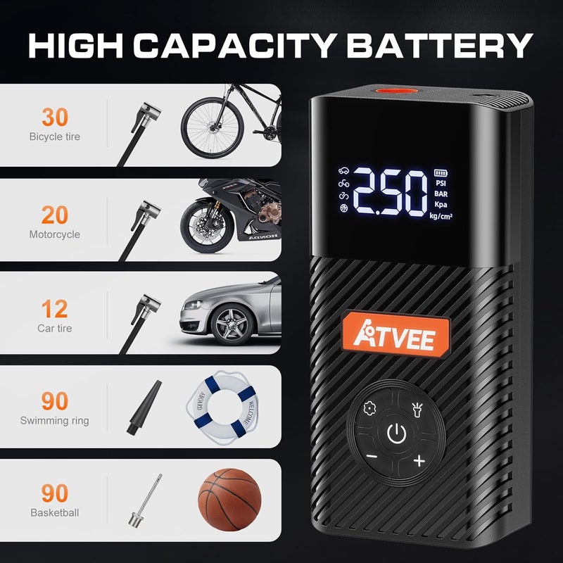 ATVEE Bicycle Pump, 30s Fast Inflate Bike Pump with Gauge & Digital Display, 150PSI Portable Electric Bike Tire Pump with Presta & Schrader Valves for Road Bike, E-Bike - Image 3